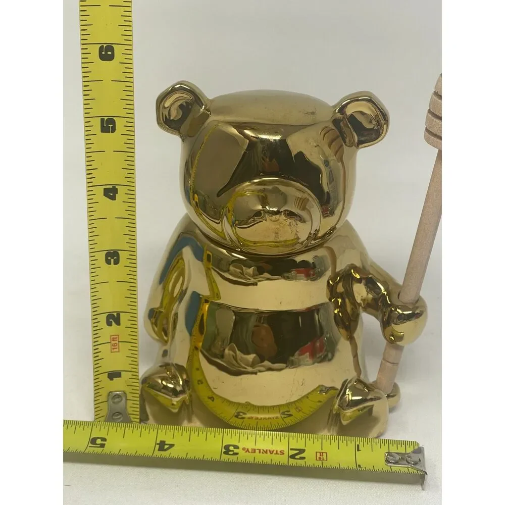 Anthropologie Gold Ceramic Bear Honey Pot Jar With Wooden Dipper Spoon